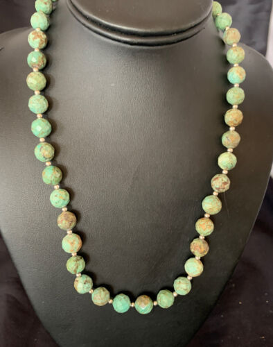 Navajo Pearls Necklace | Sterling Silver | Faceted Green Turquoise | Authentic Native American Handmade | 20" | 11737 - Masha USA