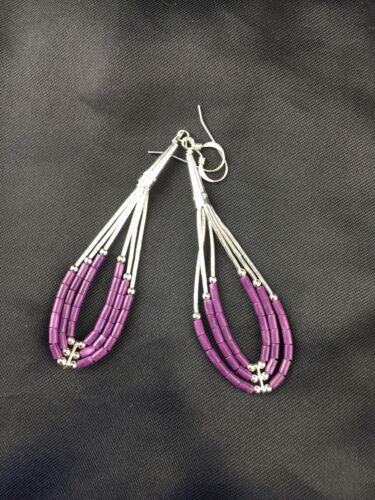 Handmade Liquid Silver Heishi Tube Beads Sugilite Earrings | Sterling Silver | 2" | 1985