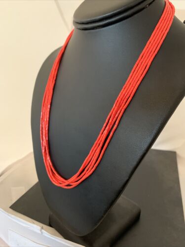 Red Stabilized Coral Heishi Necklace | 5-Strands | Sterling Silver | 20" | Authentic Native American Handmade | 00761