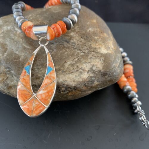 Navajo Pearls Sterling Silver Necklace | Orange Spiny Oyster Inlay Pendant | Authentic Native American Handmade | 11318