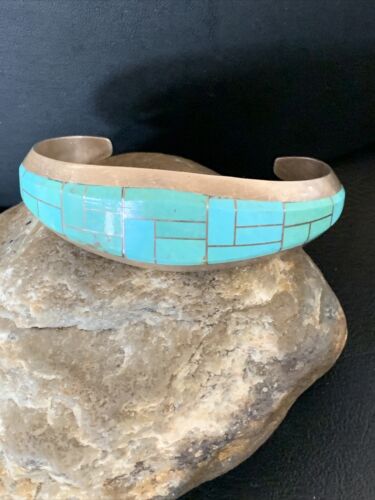 Native American Men's Bracelet | Sterling Silver Blue Kingman Turquoise Inlay | 12099