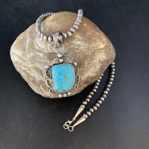 Men's Blue Kingman Turquoise Necklace Pendant | Sterling Silver Navajo Pearls | 13764