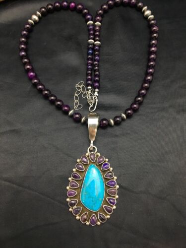 Navajo Purple Sugilite Turquoise Necklace | Sterling Silver | 23" | Authentic Native American Handmade  | 1001