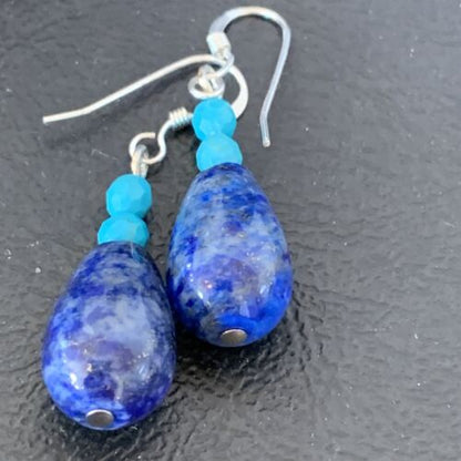 Navajo Lapis Lazuli Turquoise Bead Dangle Earrings | Sterling Silver | Authentic Native American Handmade | 1541