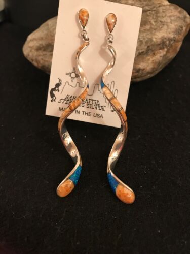 Navajo Snake Swirl Spiny Opal Inlay Sterling Silver Earrings | Long 3.25" Dangle | Southwestern Native American | 1059