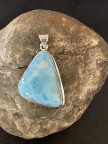 Navajo Sterling Silver Beads Necklace | Blue Larimar Pendant | Authentic Native American Handmade | 10830