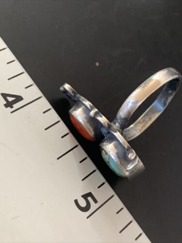 Native American Navajo Multi-Stone Ring | Blue Turquoise & Coral | Sterling Silver | Sz 7 | 11522