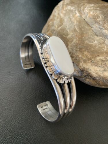 Navajo White Buffalo Turquoise Cuff Bracelet | Sterling Silver | Authentic Native American Handmade | 1423