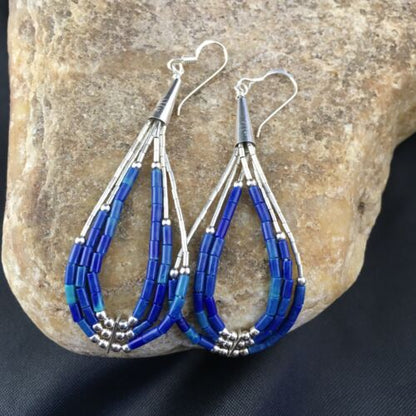 Handmade Liquid Silver Heishi Dangle Earrings | Dark Blue Lapis Tub | 2.25" | 2013