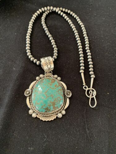 Men's Navajo Pearls Necklace Pendant | Sterling Silver | Blue Turquoise #8 | Authentic Native American Handmade | 529