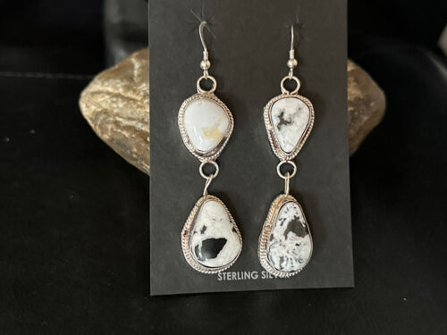 Navajo White Buffalo Turquoise Dangle Earrings | Sterling Silver | 2" | Authentic Native American Handmade | 14716