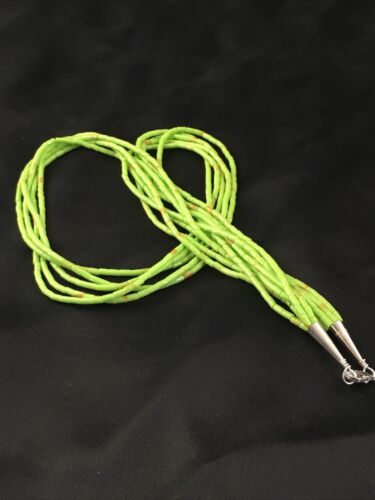 Native American Green Gaspeite Tube Heishi Necklace | 5 Strand | Sterling Silver | 19" | 10258
