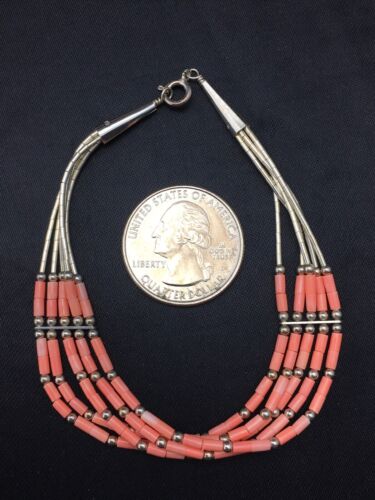 Native American Pink Coral 5-Strand Heishi Bracelet | Liquid Sterling Silver | 7" | 4345