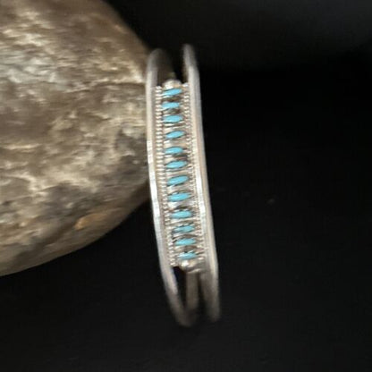 Zuni Blue Turquoise Needle Point Cuff Inlay Bracelet | Sterling Silver | Authentic Native American Handmade | 14594