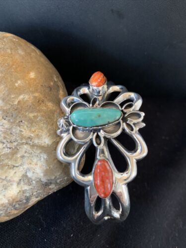 Men's Navajo Kingman Turquoise & Spiny Oyster Bracelet | Sterling Silver | Authentic Native American Handmade | 01032