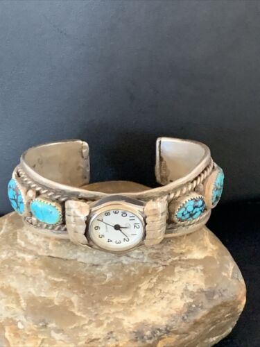 Navajo Sterling Silver Watch Cuff Bracelet | Blue Turquoise | Authentic Native American Jewelry | 13239