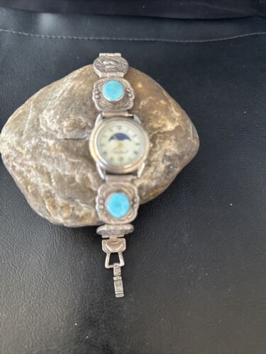 Old Pawn Women's Blue Turquoise Navajo Sterling Silver Watch Tips | Authentic Native American Jewelry | 14757