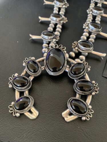 Navajo Pearls Black Onyx Squash Blossom Necklace | Sterling Silver | Authentic Native American Handmade | 12724