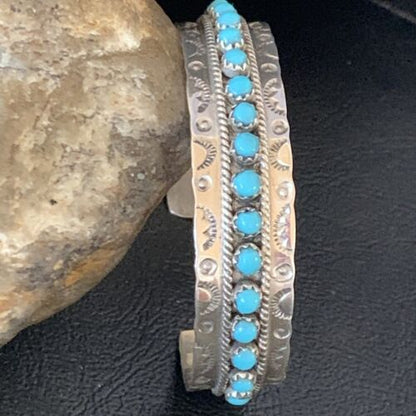 Native American Zuni Blue Turquoise Cuff Bracelet | Sterling Silver Handmade | 12694 - Masha USA
