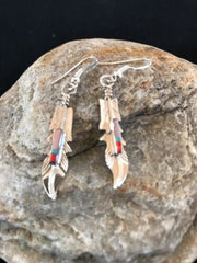 Navajo Coral Inlay Feather Earrings | Sterling Silver | Authentic Native American Handmade | 2007