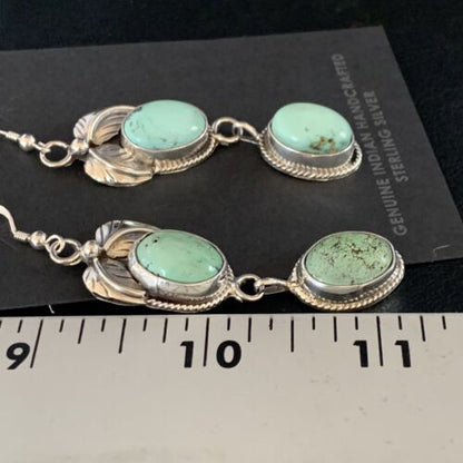 Navajo Green Spiderweb Turquoise Dangle Earrings | Sterling Silver | Authentic Native American Handmade | 13548