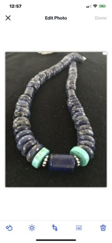 Native American Denim Lapis Turquoise Beads Necklace | Sterling Silver | Men's | 20" | 1281