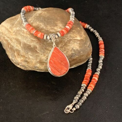 Navajo Red Spiny Oyster Necklace | Sterling Silver Pendant | Men's Women's | Authentic Native American Handmade | 13814