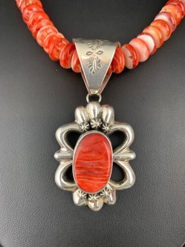 Navajo Red Spiny Oyster Pendant Necklace | Sterling Silver | Authentic Native American Handmade | 4783