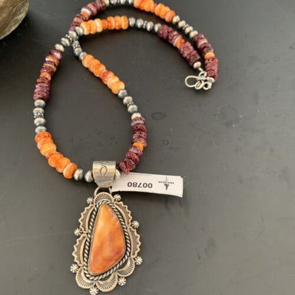 Navajo Sterling Silver Necklace | Orange Purple Spiny Oyster Pendant | 00780