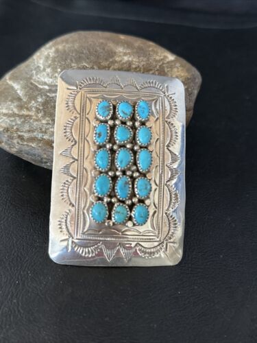 Navajo Blue Kingman Turquoise Concho Belt Buckle | Sterling Silver | Authentic Native American Handmade | 14795