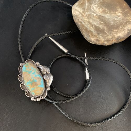 Navajo Green Royston Turquoise Bolo Tie | Sterling Silver | Authentic Native American Handmade | 14106