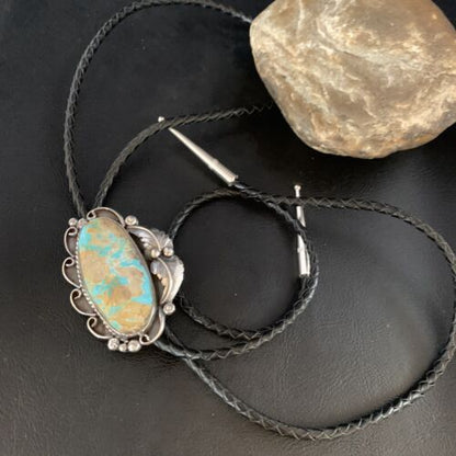 Navajo Green Royston Turquoise Bolo Tie | Sterling Silver | Authentic Native American Handmade | 14106