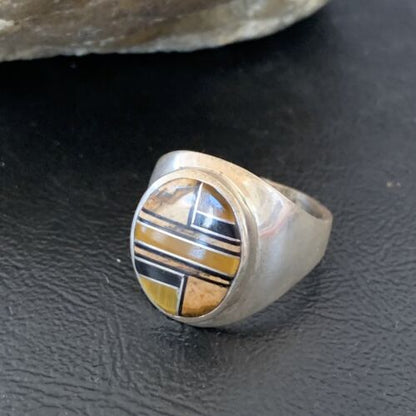 Men's Navajo Black Onyx & Tigers Eye Inlay Sterling Silver Ring | Sz 10 | Handmade Jewelry | 10730