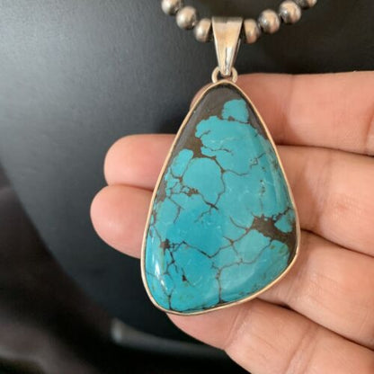 Men's Navajo Blue Spiderweb Turquoise Pendant Necklace | Sterling Silver | Authentic Native American Handmade | 10666