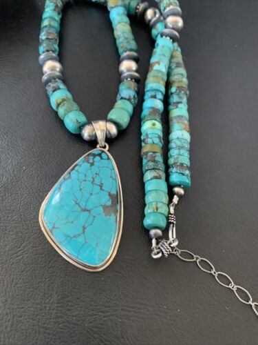 Navajo Pearls Spiderweb Beads Turquoise Necklace Pendant | Sterling Silver | Authentic Native American Handmade | 10239