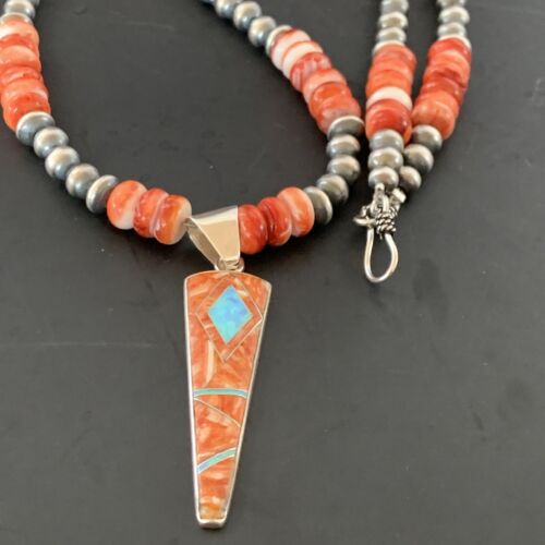 Navajo Pearls Sterling Silver Necklace | Opal Red Spiny Oyster Inlay Pendant | Authentic Native American Handmade | 11322