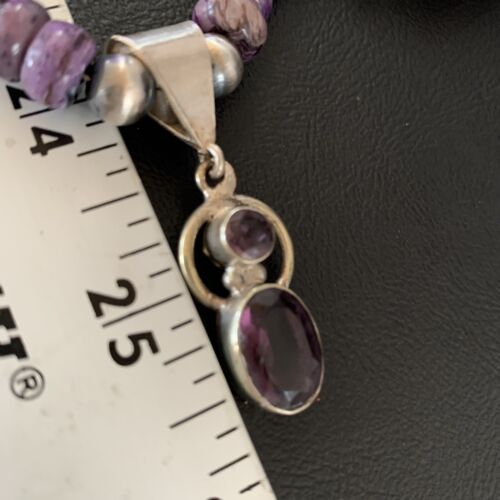 Navajo Purple Charoite and Amethyst Pendant Necklace | Authentic Native American Sterling Silver | Multi-Stone | 22" | 13412