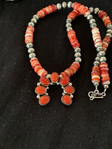 Navajo Spiny Oyster & Coral Naja Pendant | Authentic Native American Sterling Silver | Naja | 4682