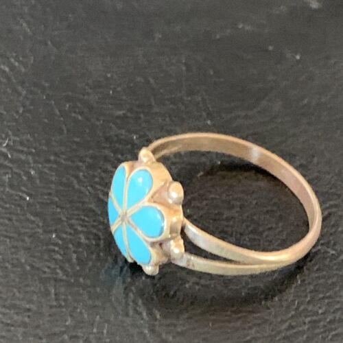 Zuni Blue Turquoise Cluster Ring | Sterling Silver Inlay | Sz 7.5 | Authentic Native American | 12945