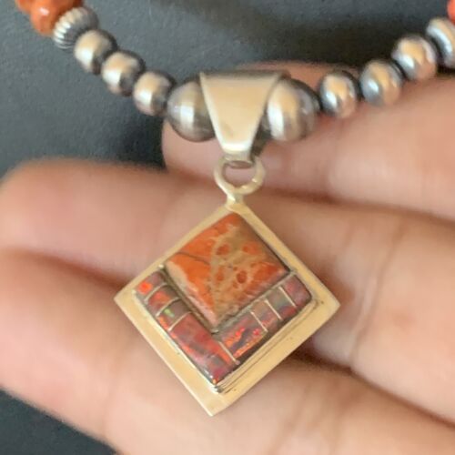 Navajo Red Spiny Oyster Opal Inlay Bead Necklace Pendant | Sterling Silver | Native American Handmade | 12722