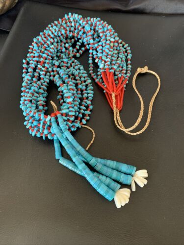 Southwestern Santo Domingo Red Coral Blue Turquoise Necklace | 10 Strand | 40" | 12046
