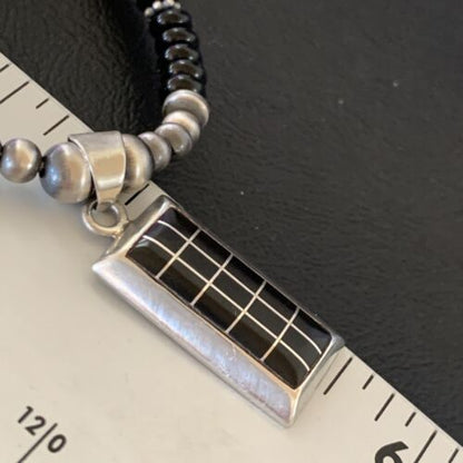 Navajo Black Onyx Inlay Pendant | Sterling Silver Necklace with Pearls | Authentic Native American Handmade | 12282