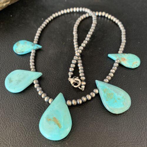 Navajo Teardrop Blue Turquoise Necklace | Sterling Silver Pearls | 20" | Authentic Native American Handmade | 13957