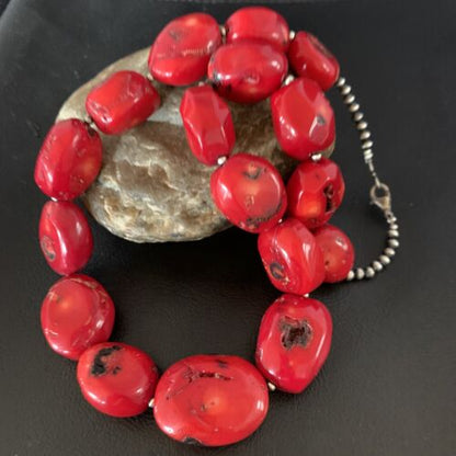 Navajo Red Coral Bead Necklace | Sterling Silver | 22" | Authentic Native American Handmade | 13406 - Masha USA