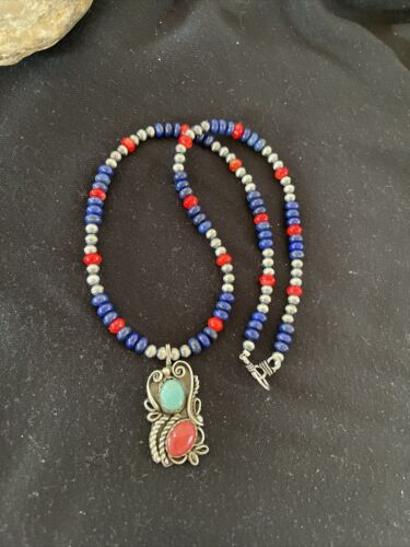 Navajo Pearls Sterling Silver Pendant Necklace | Lapis, Turquoise & Coral | Native American Handmade | 01176