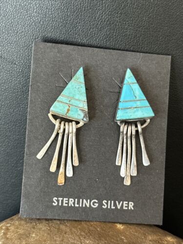 Navajo Blue Turquoise Inlay Earrings | Sterling Silver | 1" | Authentic Native American Handmade | 14774