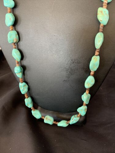 Navajo Pearls Nugget Blue Turquoise Necklace | Sterling Silver Shell | 26" | Authentic Native American Handmade | 12541