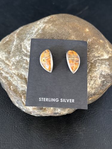 Navajo Orange Spiny Oyster Inlay Earrings | Sterling Silver | Authentic Native American Handmade | 14789