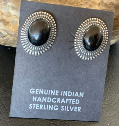 Navajo Black Onyx Stud Post Earrings | Sterling Silver | 0.5" | Authentic Native American Handmade | 12643