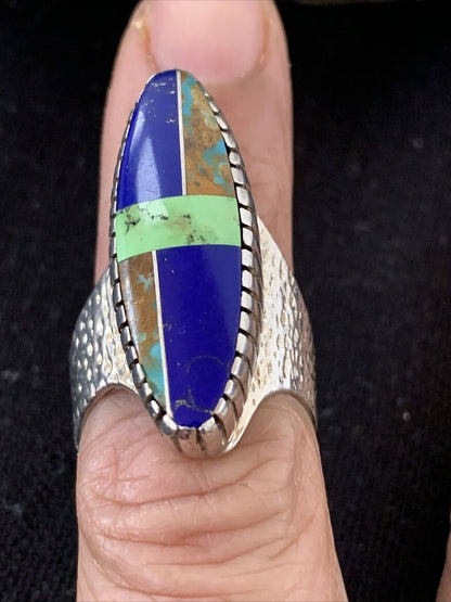Native American Multi-Color Lapis Turquoise Inlay Ring | Sterling Silver | Sz 7 | 01469 - Masha USA